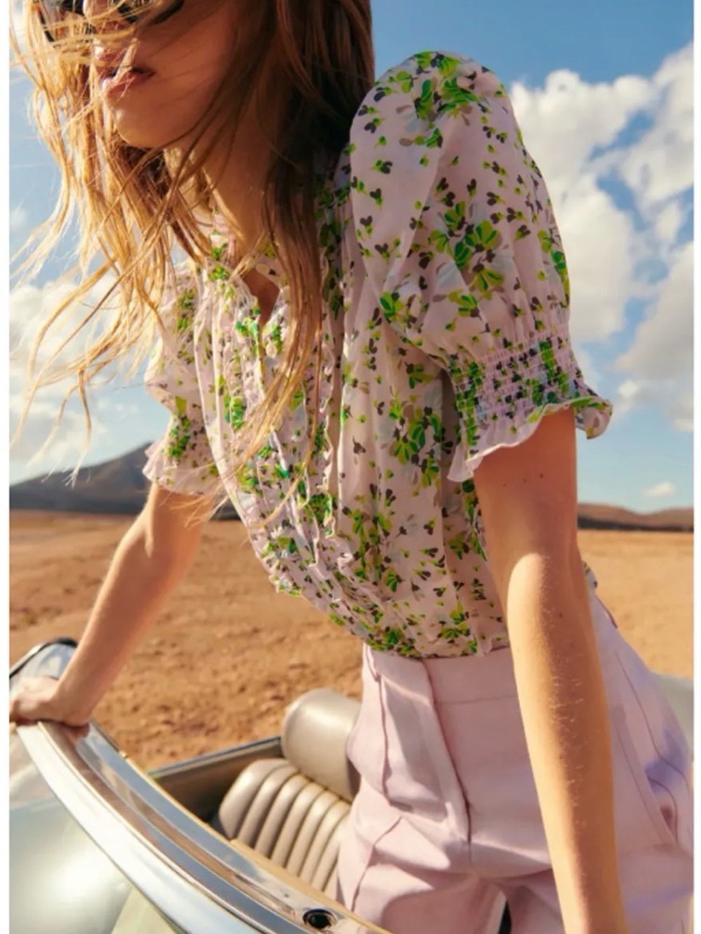 ME+EM Pink Floral Ruffle-Detail Blouse with Green Leaf Print